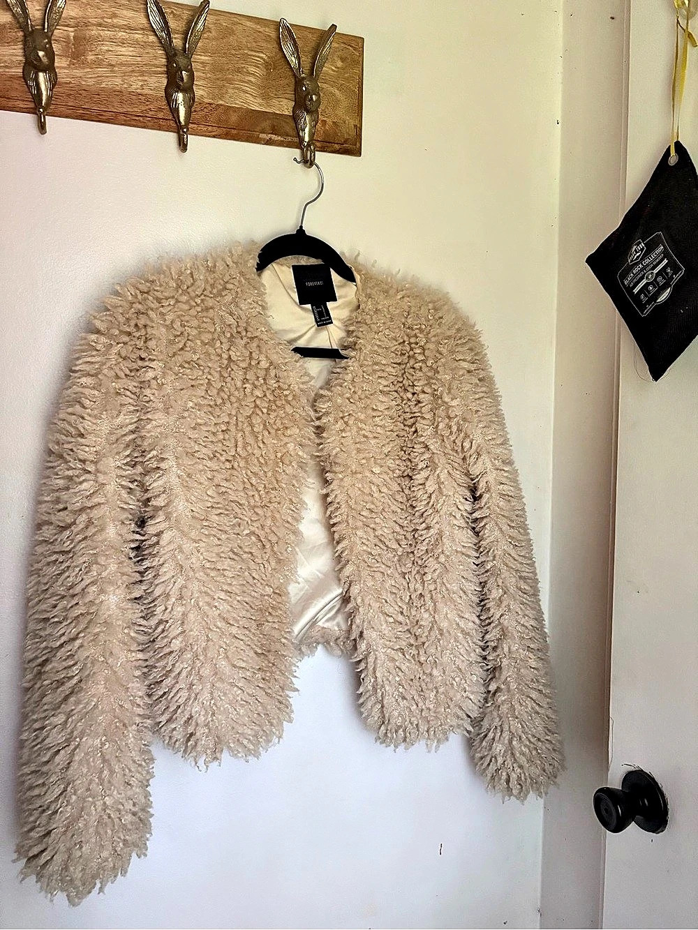Forever 21 Shaggy Faux Fur Open Front Jacket Beige Large